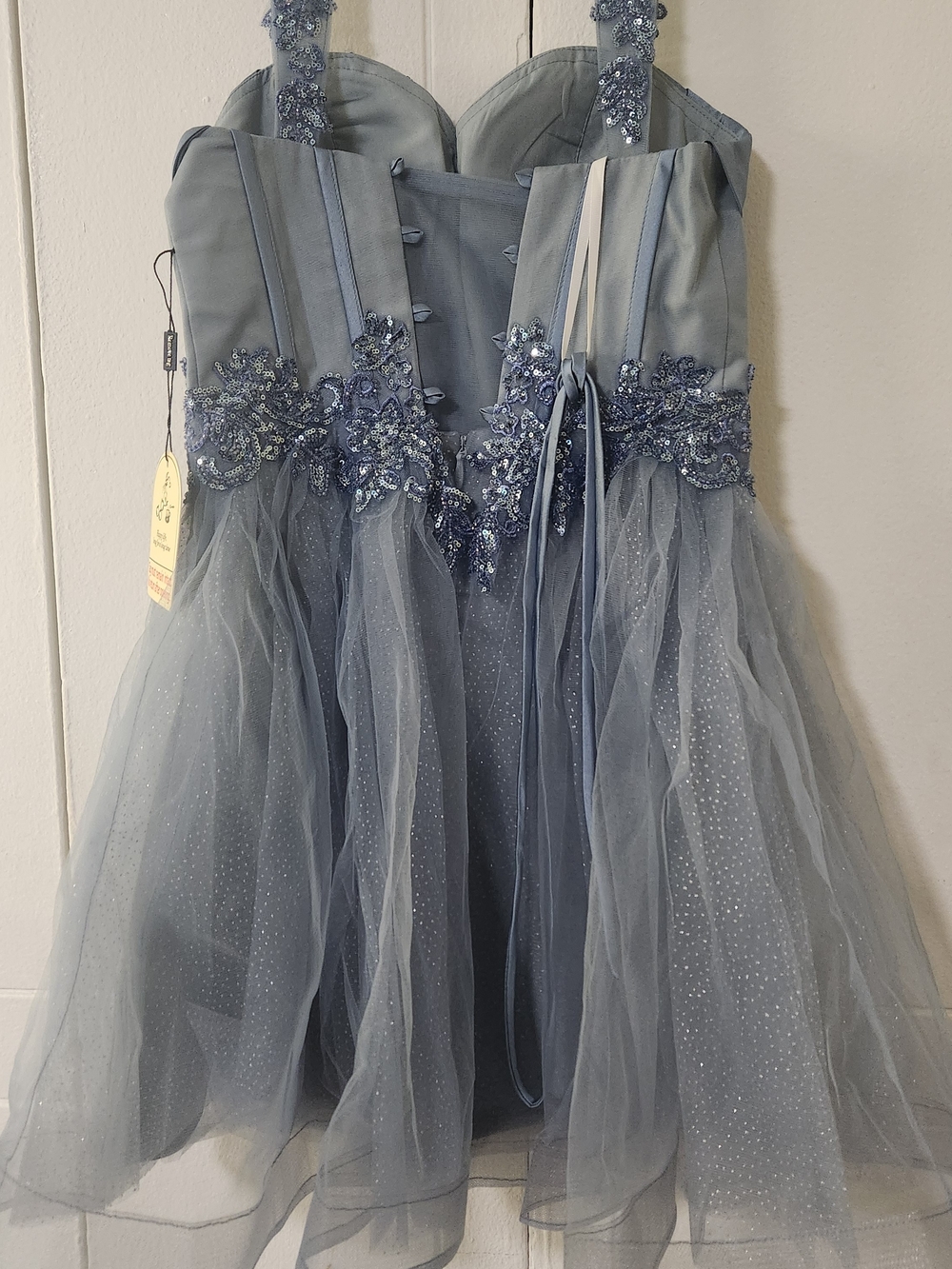 Satin & Tulle Dusty Blue Party Mini Dress - Picture 5 of 16